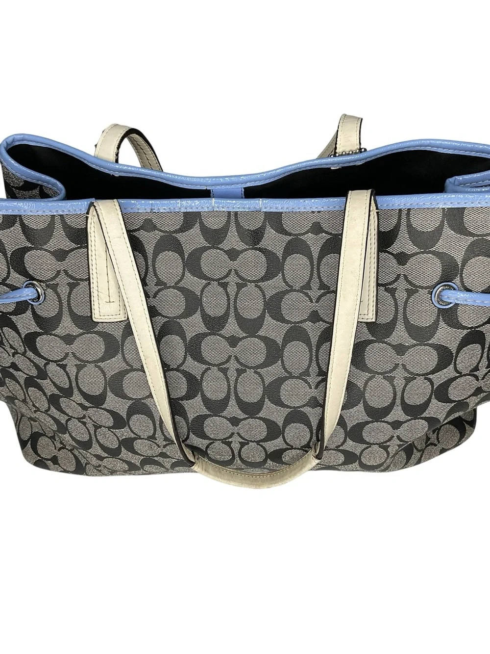Coach Signature Stripe Drawstring Tote Bag Blue Canvas Leather F23049